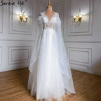 Luxury Dubai Grey Evening Formal Dresses with Feather Cape Shawl Gold Arabic Women Wedding Party Gowns Long LA70640