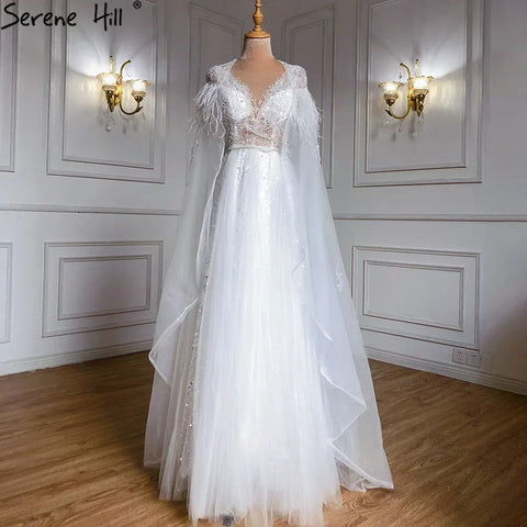 Luxury Dubai Grey Evening Formal Dresses with Feather Cape Shawl Gold Arabic Women Wedding Party Gowns Long LA70640