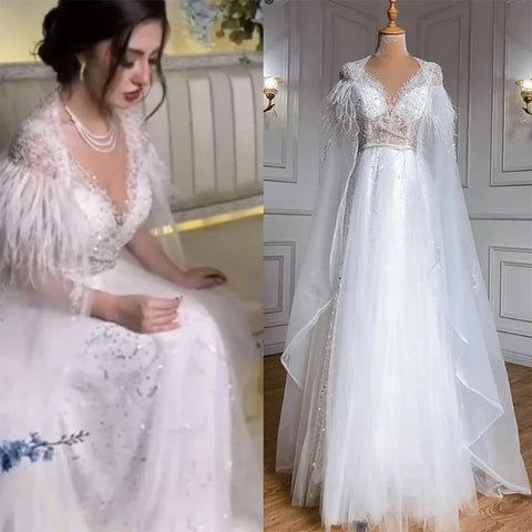 Luxury Dubai Grey Evening Formal Dresses with Feather Cape Shawl Gold Arabic Women Wedding Party Gowns Long LA70640