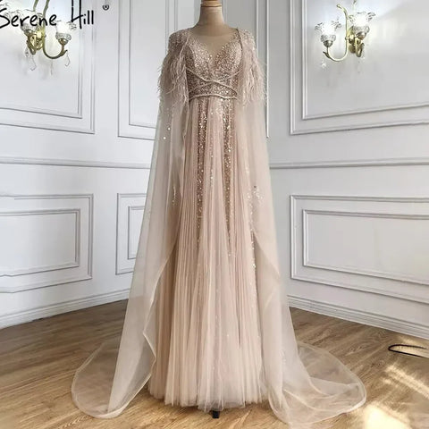 Luxury Dubai Grey Evening Formal Dresses with Feather Cape Shawl Gold Arabic Women Wedding Party Gowns Long LA70640