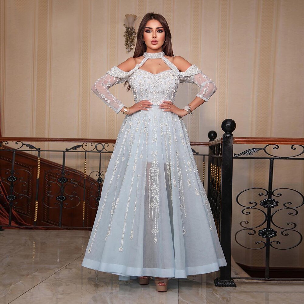 Luxury Dubai Light Blue Evening Dress for Women Wedding Elegant Off Shoulder Beaded Formal Party Gowns LA72003