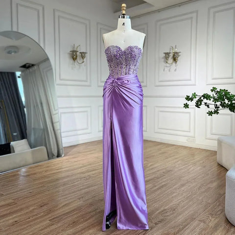 Luxury Dubai Lilac Split Strapless Mermaid Beaded Arabic Evening Dresses Gowns for Women Wedding Party 2025 LA72329