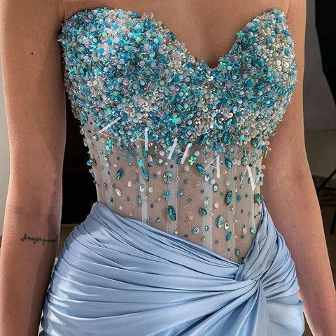 Luxury Dubai Lilac Split Strapless Mermaid Beaded Arabic Evening Dresses Gowns for Women Wedding Party 2025 LA72329