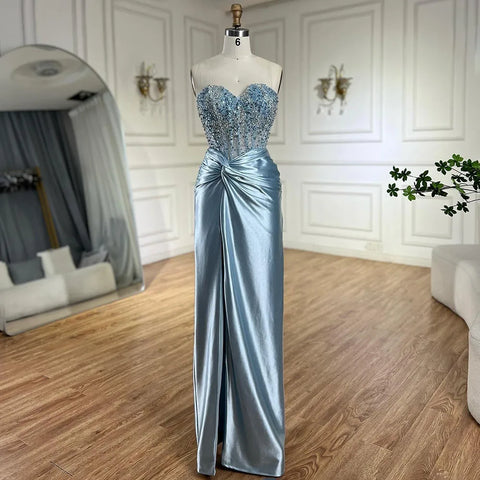 Luxury Dubai Lilac Split Strapless Mermaid Beaded Arabic Evening Dresses Gowns for Women Wedding Party 2025 LA72329