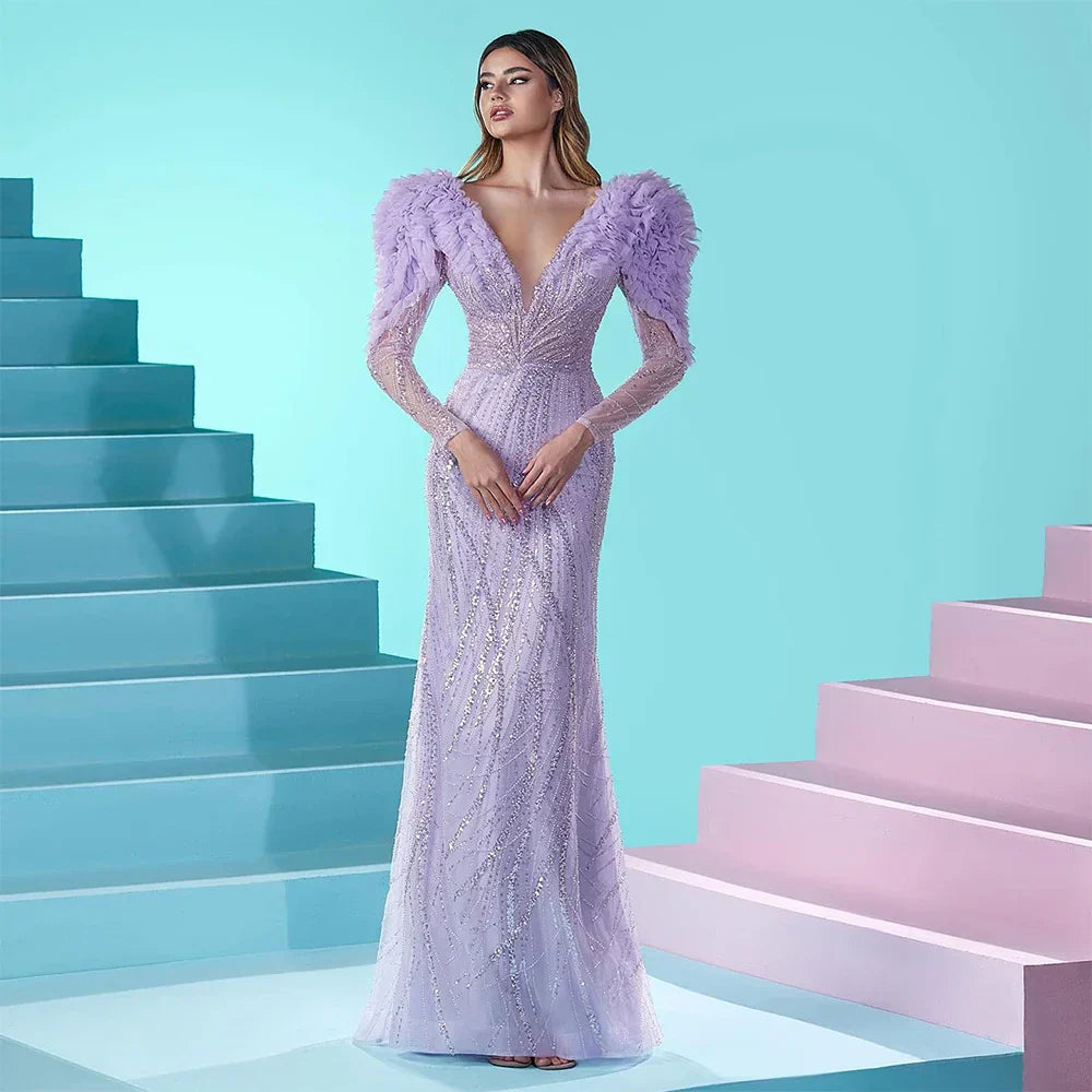 Luxury Dubai Long Sleeves Mermaid Lilac Evening Dress V-Neck Blue Formal Gowns for Women Wedding Party LA72471