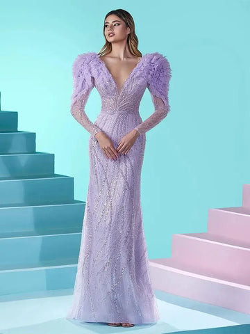 Luxury Dubai Long Sleeves Mermaid Lilac Evening Dress V-Neck Blue Formal Gowns for Women Wedding Party LA72471