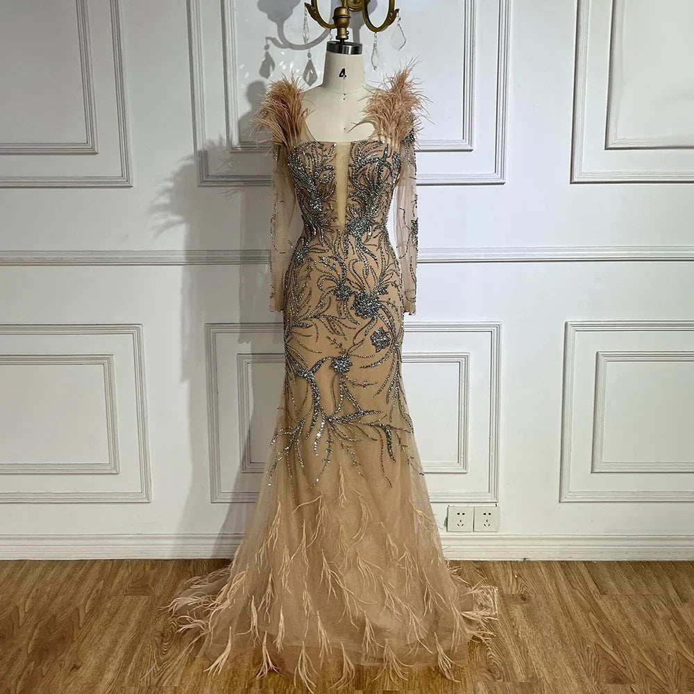 Luxury Dubai Nude One Shoulder Beaded Feathers Mermaid Evening Dresses Gowns for Women Wedding Party Gown LA72508