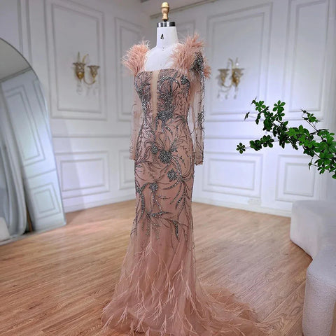 Luxury Dubai Nude One Shoulder Beaded Feathers Mermaid Evening Dresses Gowns for Women Wedding Party Gown LA72508