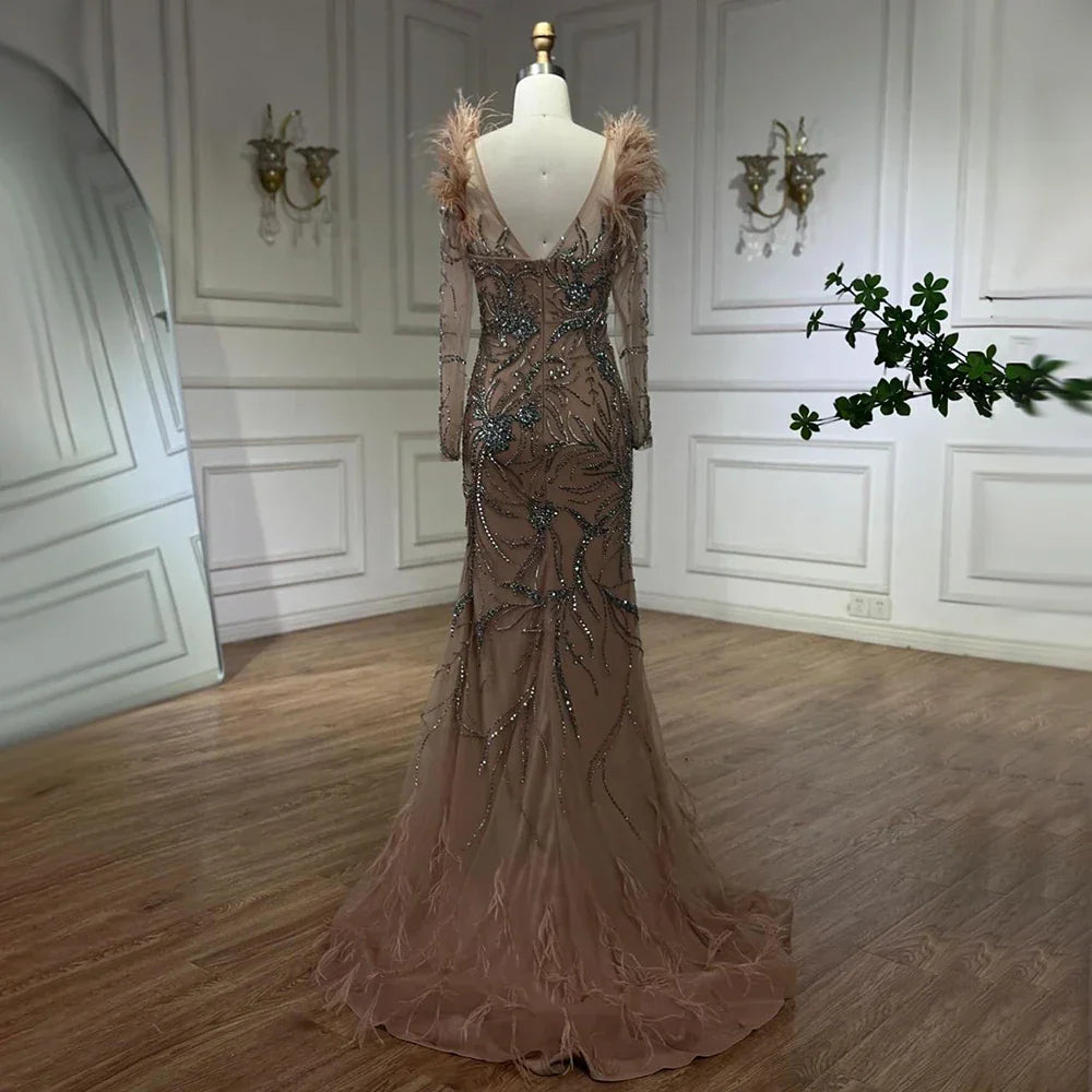 Luxury Dubai Nude One Shoulder Beaded Feathers Mermaid Evening Dresses Gowns for Women Wedding Party Gown LA72508