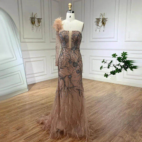 Luxury Dubai Nude One Shoulder Beaded Feathers Mermaid Evening Dresses Gowns for Women Wedding Party Gown LA72508