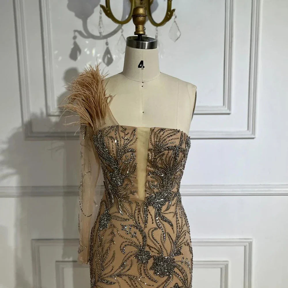 Luxury Dubai Nude One Shoulder Beaded Feathers Mermaid Evening Dresses Gowns for Women Wedding Party Gown LA72508