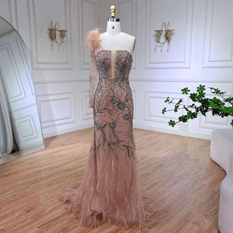 Luxury Dubai Nude One Shoulder Beaded Feathers Mermaid Evening Dresses Gowns for Women Wedding Party Gown LA72508