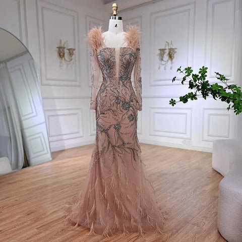 Luxury Dubai Nude One Shoulder Beaded Feathers Mermaid Evening Dresses Gowns for Women Wedding Party Gown LA72508