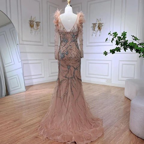 Luxury Dubai Nude One Shoulder Beaded Feathers Mermaid Evening Dresses Gowns for Women Wedding Party Gown LA72508