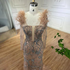 Luxury Dubai Nude One Shoulder Beaded Feathers Mermaid Evening Dresses Gowns for Women Wedding Party Gown LA72508