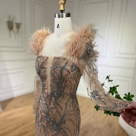 Luxury Dubai Nude One Shoulder Beaded Feathers Mermaid Evening Dresses Gowns for Women Wedding Party Gown LA72508