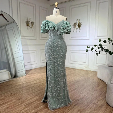 Luxury Dubai Off Shoulder Mermaid Sage Green Evening Dresses For Women Arabic Wedding Party Gown 2025 LA72281