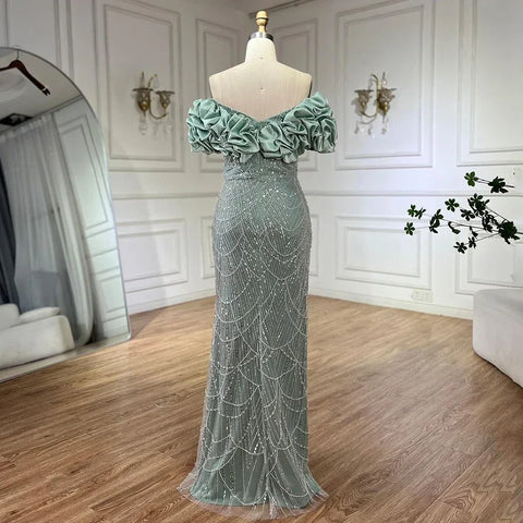 Luxury Dubai Off Shoulder Mermaid Sage Green Evening Dresses For Women Arabic Wedding Party Gown 2025 LA72281