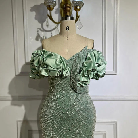 Luxury Dubai Off Shoulder Mermaid Sage Green Evening Dresses For Women Arabic Wedding Party Gown 2025 LA72281
