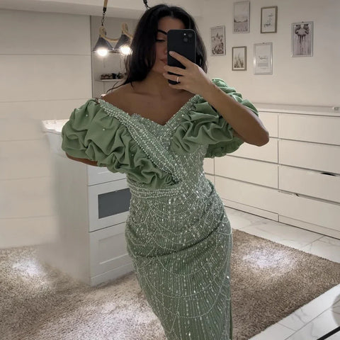 Luxury Dubai Off Shoulder Mermaid Sage Green Evening Dresses For Women Arabic Wedding Party Gown 2025 LA72281