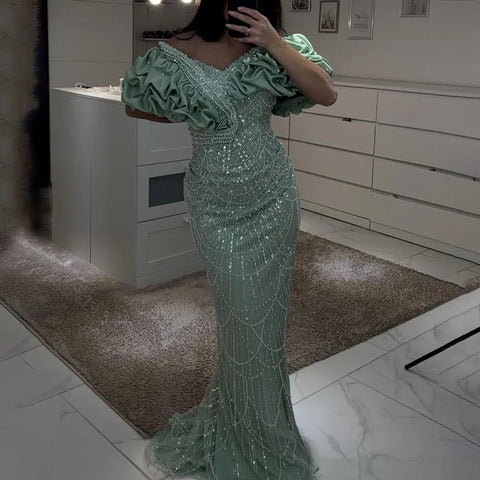 Luxury Dubai Off Shoulder Mermaid Sage Green Evening Dresses For Women Arabic Wedding Party Gown 2025 LA72281