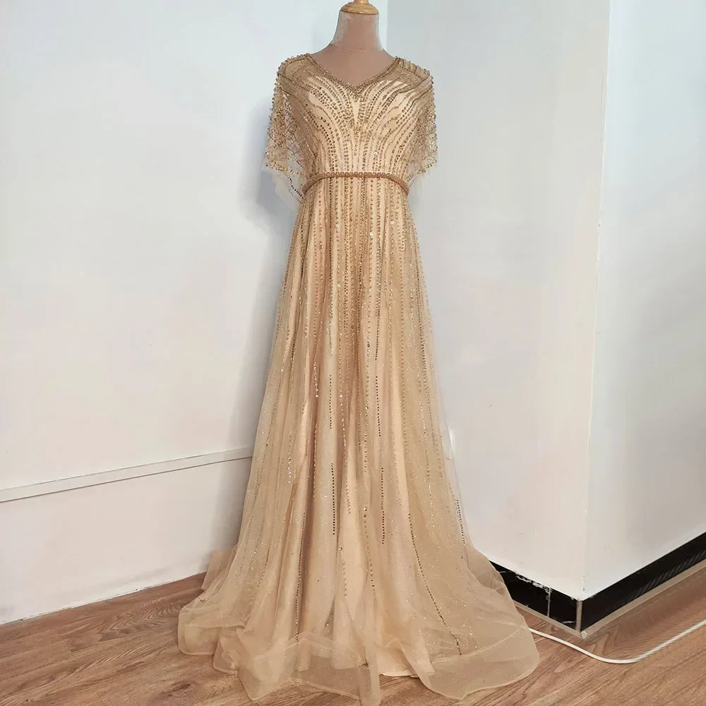 Luxury Dubai Red A-Line Elegant Evening Dresses Half Sleeves BeadedFor Woman Wedding Party 2025 LA70458