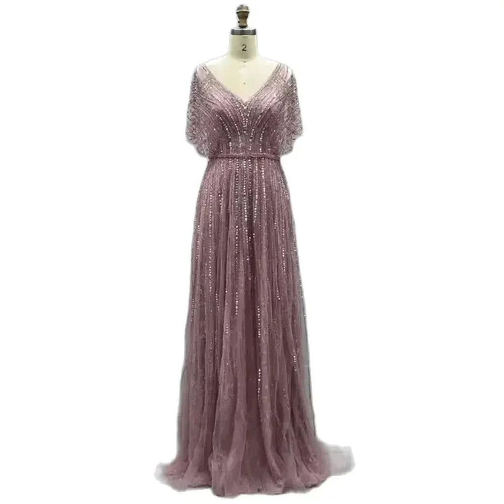Luxury Dubai Red A-Line Elegant Evening Dresses Half Sleeves BeadedFor Woman Wedding Party 2025 LA70458