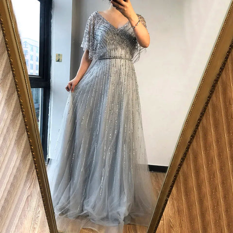 Luxury Dubai Red A-Line Elegant Evening Dresses Half Sleeves BeadedFor Woman Wedding Party 2025 LA70458