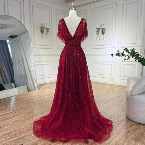 Luxury Dubai Red A-Line Elegant Evening Dresses Half Sleeves BeadedFor Woman Wedding Party 2025 LA70458