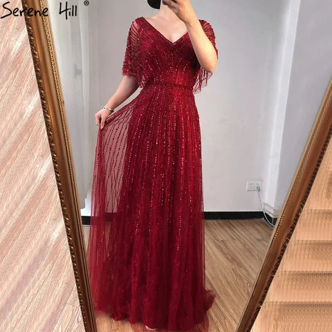 Luxury Dubai Red A-Line Elegant Evening Dresses Half Sleeves BeadedFor Woman Wedding Party 2025 LA70458