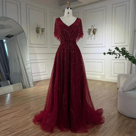 Luxury Dubai Red A-Line Elegant Evening Dresses Half Sleeves BeadedFor Woman Wedding Party 2025 LA70458