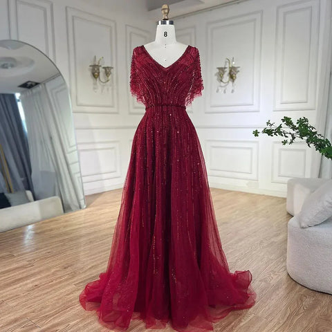 Luxury Dubai Red A-Line Elegant Evening Dresses Half Sleeves BeadedFor Woman Wedding Party 2025 LA70458
