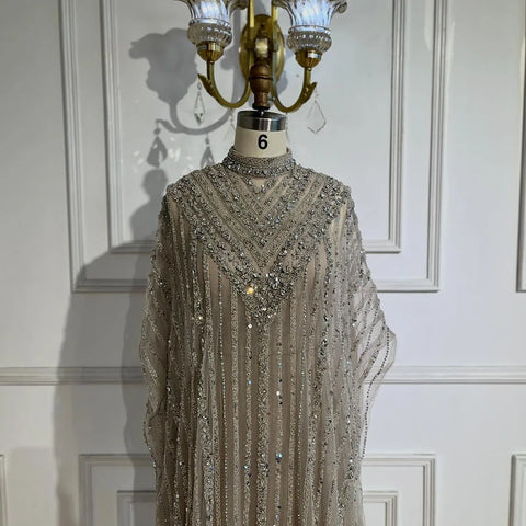 Luxury Dubai Silver Nude Cape Mermaid Arabic Beaded Evening Gown Women's Party 2025 LA72484