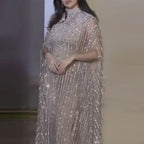 Luxury Dubai Silver Nude Cape Mermaid Arabic Beaded Evening Gown Women's Party 2025 LA72484