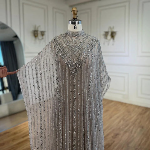 Luxury Dubai Silver Nude Cape Mermaid Arabic Beaded Evening Gown Women's Party 2025 LA72484