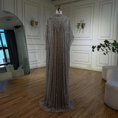 Luxury Dubai Silver Nude Cape Mermaid Arabic Beaded Evening Gown Women's Party 2025 LA72484