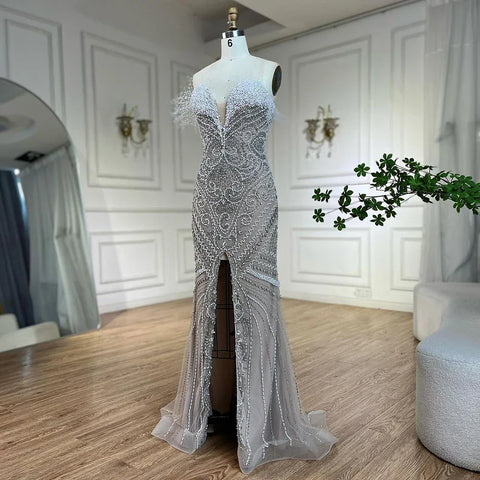 Luxury Dubai White Nude Strapless Split Mermaid Pearls Beaded Evening Dresses Gowns for Women Wedding Party LA72522