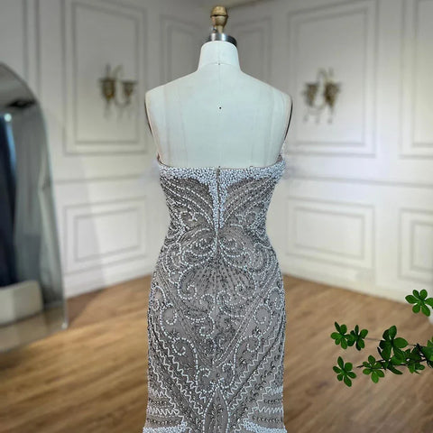 Luxury Dubai White Nude Strapless Split Mermaid Pearls Beaded Evening Dresses Gowns for Women Wedding Party LA72522