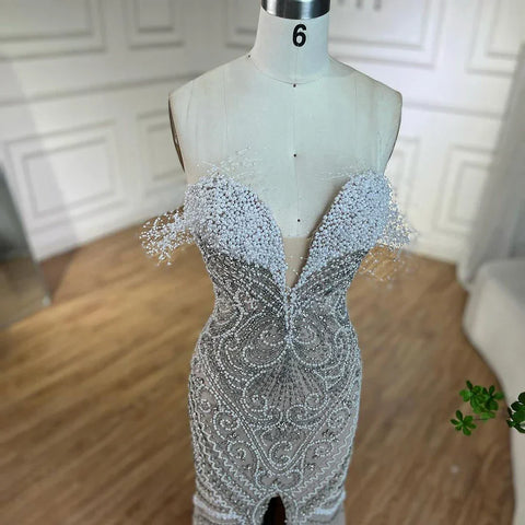Luxury Dubai White Nude Strapless Split Mermaid Pearls Beaded Evening Dresses Gowns for Women Wedding Party LA72522