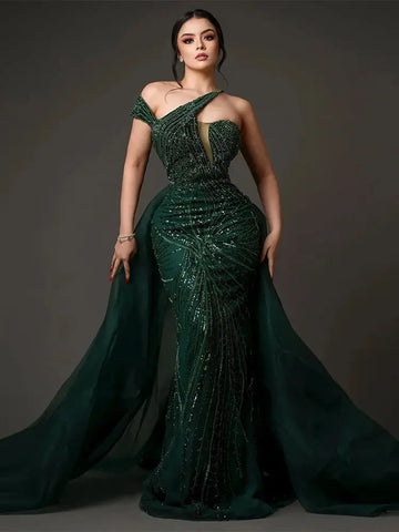 Luxury Emerald Green Evening Dress with Overskirt Elegant One Shoulder Women Wedding Party  Formal Gowns LA72474