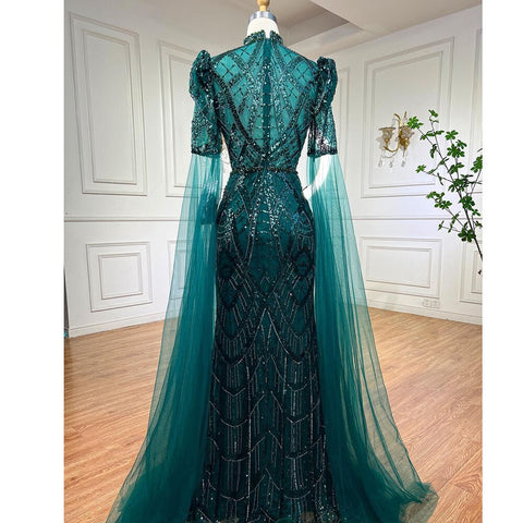 Luxury Emerald Green Evening Dresses with Cape Sleeves 2025 Elegant Women Wedding Party Gowns LA72077