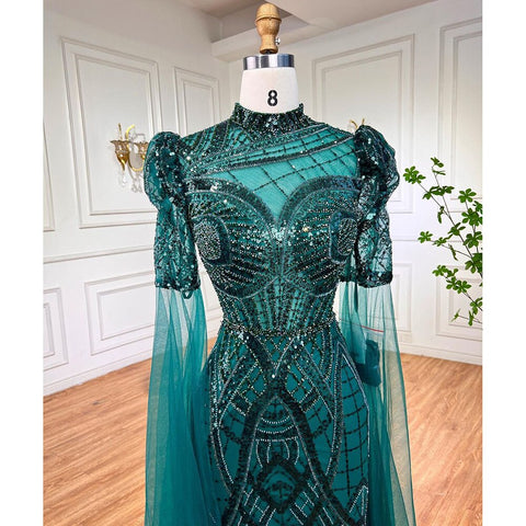 Luxury Emerald Green Evening Dresses with Cape Sleeves 2025 Elegant Women Wedding Party Gowns LA72077