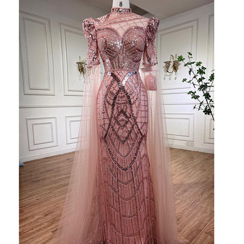 Luxury Emerald Green Evening Dresses with Cape Sleeves 2025 Elegant Women Wedding Party Gowns LA72077