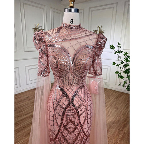 Luxury Emerald Green Evening Dresses with Cape Sleeves 2025 Elegant Women Wedding Party Gowns LA72077