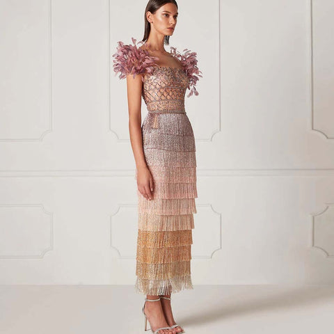 Luxury Feathers Tassel Lilac Dubai Evening Dresses LA72004