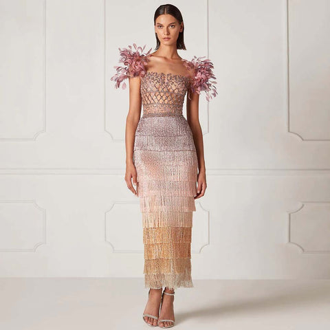 Luxury Feathers Tassel Lilac Dubai Evening Dresses LA72004
