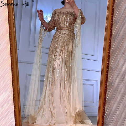 Luxury  Gold  Beading A-Line  Cape Sleeves Evening  Gown For Woman Dresses 2025 Fromal Dress  LA70637