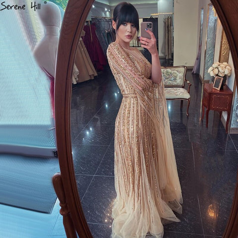 Luxury  Gold  Beading A-Line  Cape Sleeves Evening  Gown For Woman Dresses 2025 Fromal Dress  LA70637