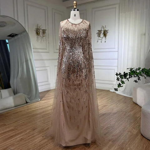 Luxury Gold Cape Sleeves Evening Dresses Gowns 2025 A-Line Beaded For Woman Wedding Party LA71416