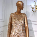 Luxury Gold Cape Sleeves Evening Dresses Gowns 2025 A-Line Beaded For Woman Wedding Party LA71416